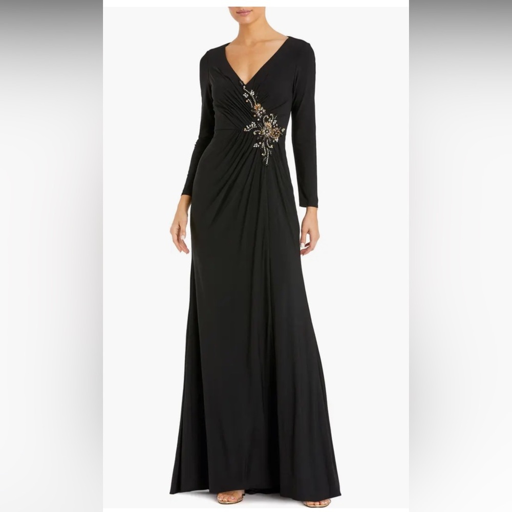 Mac Duggal Black Long-Sleeve V-Neck Evening Gown with Gold Embellishment